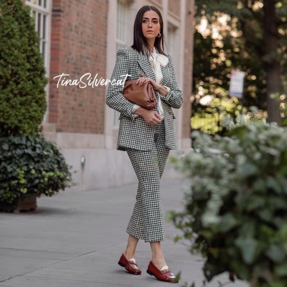 BLOGGER'S FAVE! Zara Tweed Flared Pants White/Green Sz M NWT - Picture 4 of 14